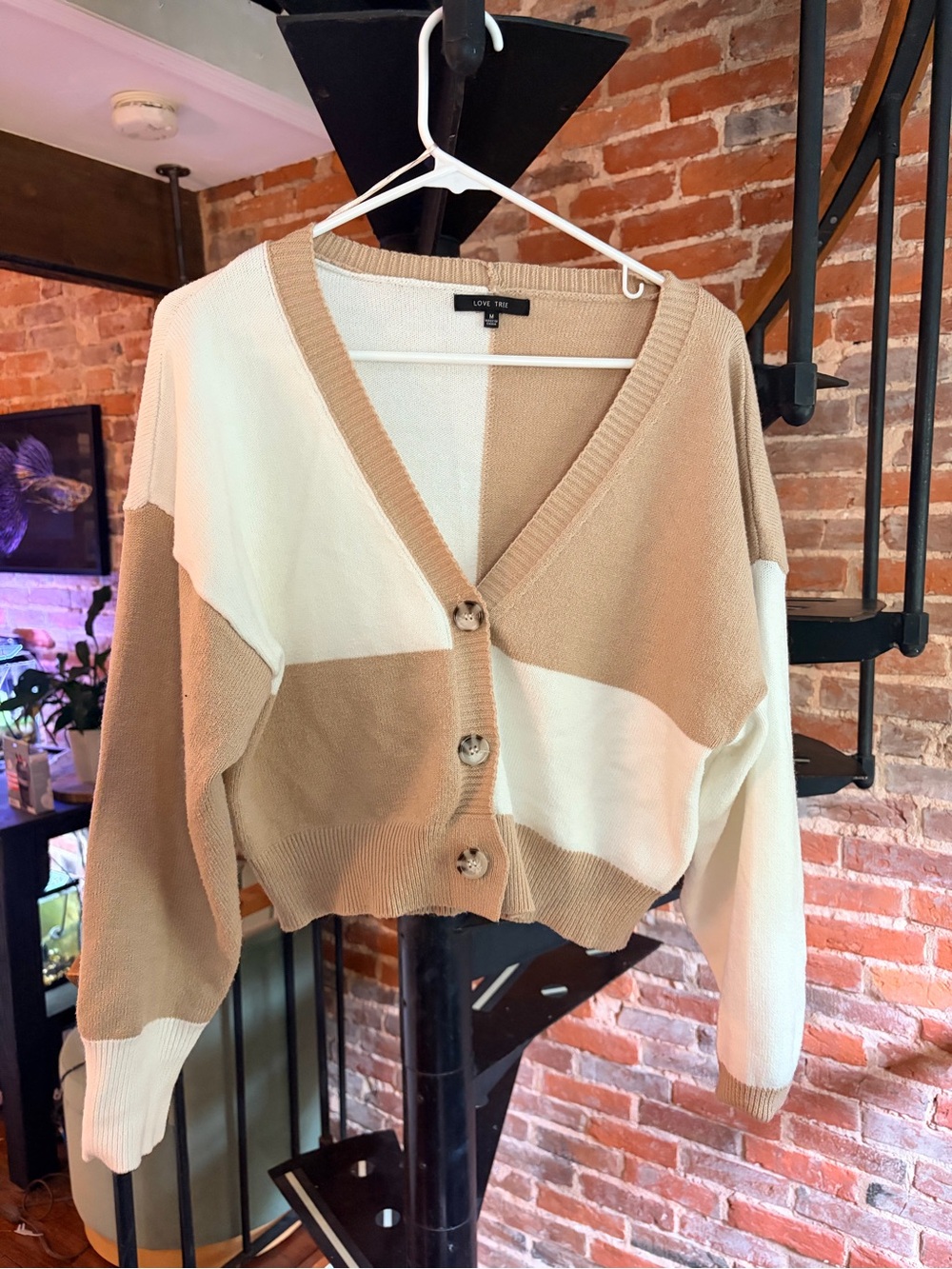 Love Tree Beige and Cream Colorblock V-Neck Button Cardigan